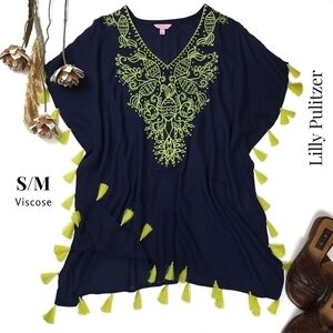 Lilly Pulitzer Navy Blue Lime Green Tassled Tunic Top Dress Size S/M